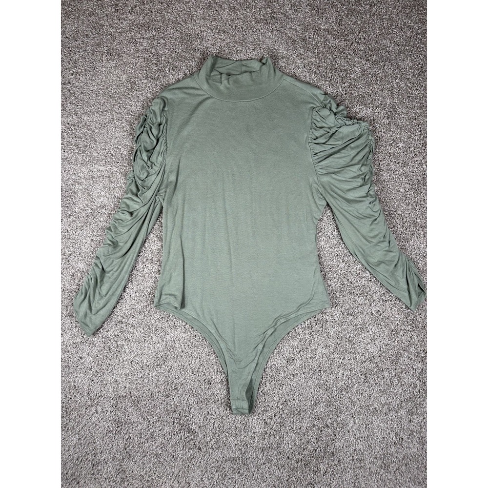 Maverick Mock‎ Neck Ruched Puff Sleeve Bodysuit Size XL Sage Green Dressy Solid